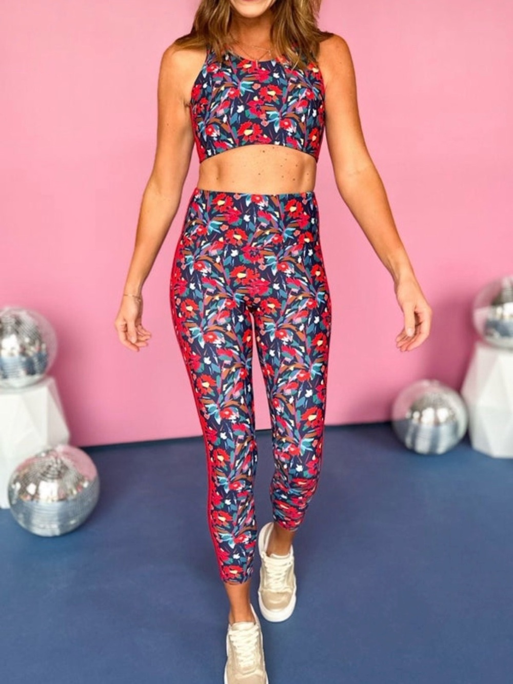 SSYS Navy Abstract Floral Compression Leggings- Red Multi